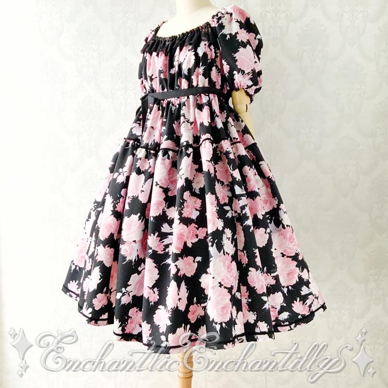 ノスタルジアローズハイウエストワンピース 黒 薄紅薔薇 Enchantlic Encha