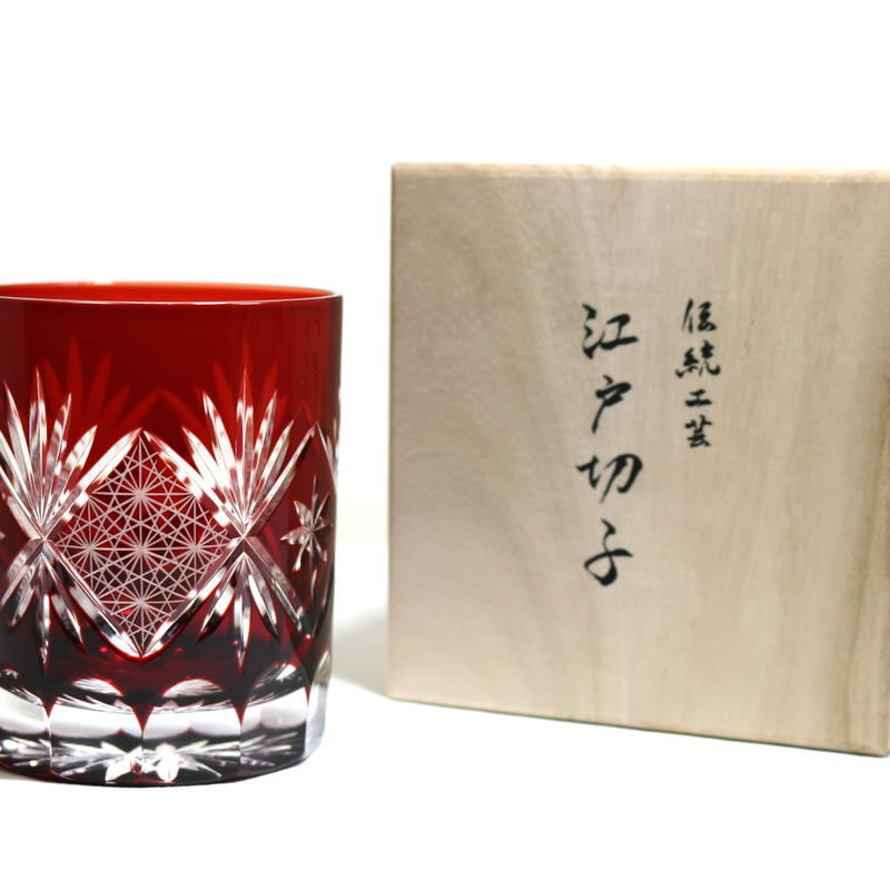 送料無料・選べる4個セット 江戸切子 最高級 菊繋ぎ底菊 赤金 ロック