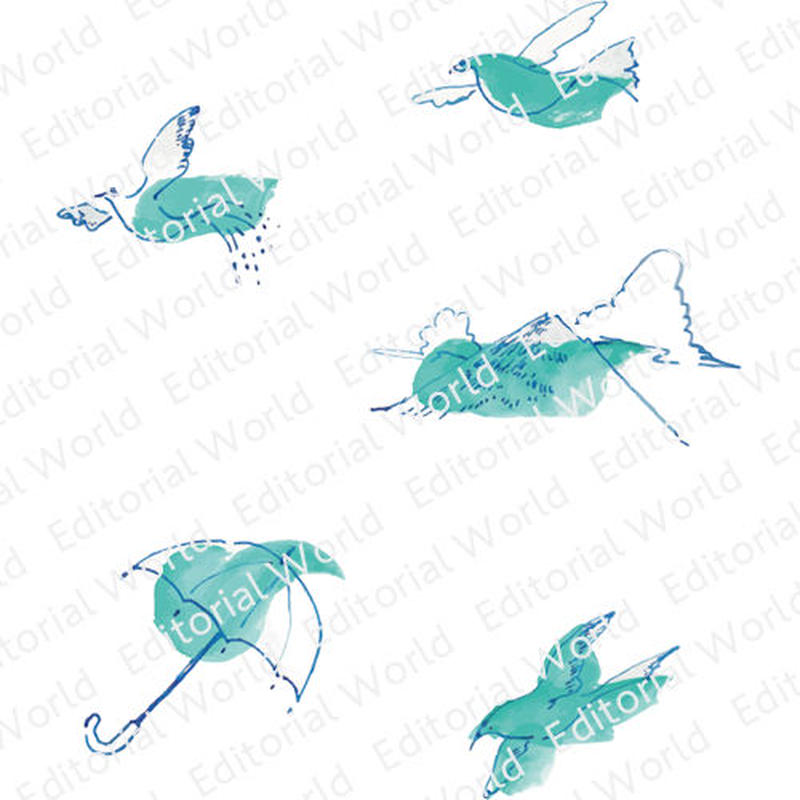 水彩画の鳥や山イラスト5点セット Editorial Stock