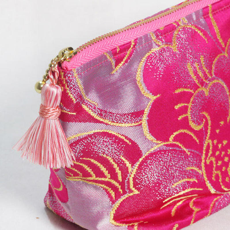 帯地ポーチ 和風 和柄 小物入れ 化粧ポーチ ピンク牡丹 和柄レザーバッグ 着物アロハシャ