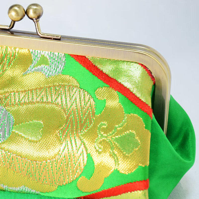 和柄がま口ポーチ 緑金糸帯リメイク 和柄レザーバッグ 着物アロハシャツ販売 Uca Select