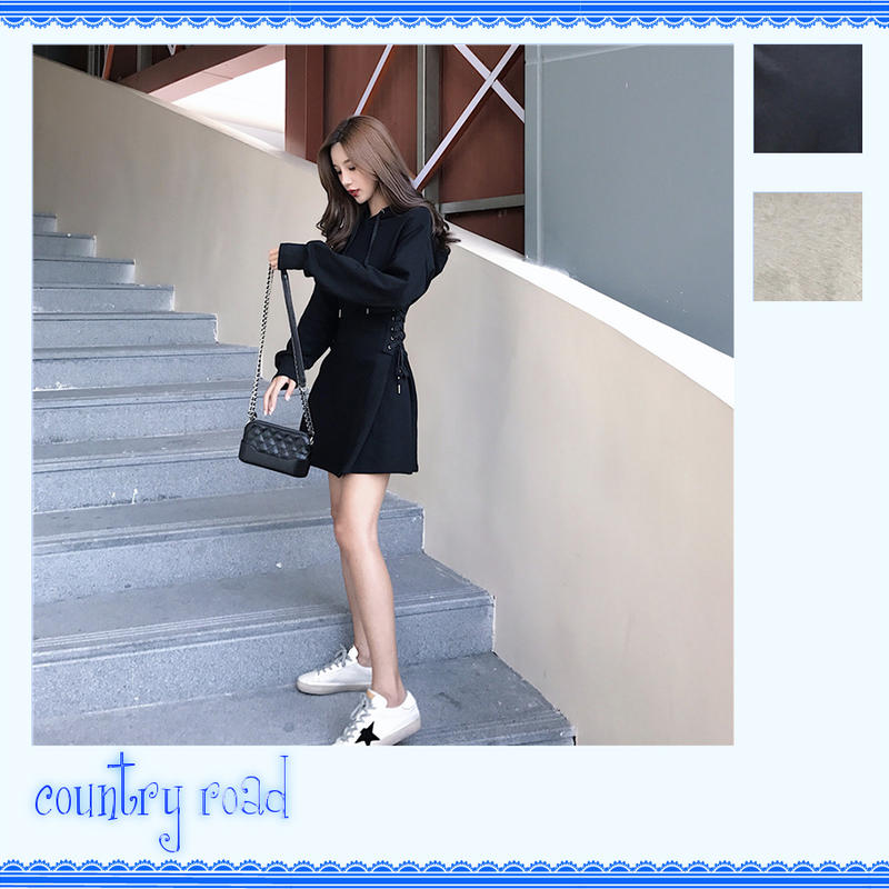 ワンピース パーカーワンピース ミニ丈 パーカーワンピ レースアップ フード付き 長袖 春