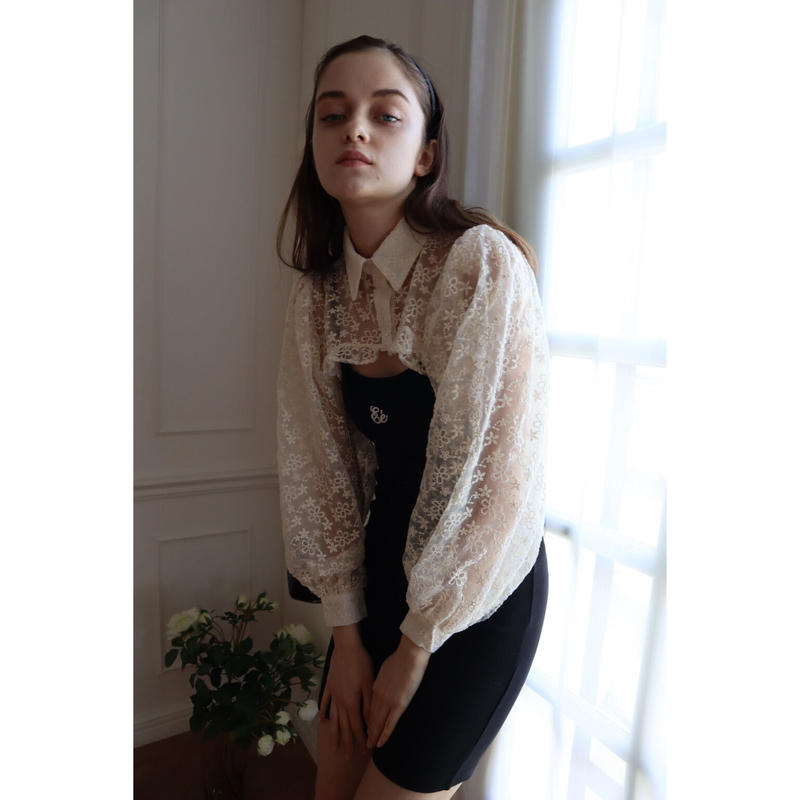 arm volume frill cropped blouse organdy flower ...