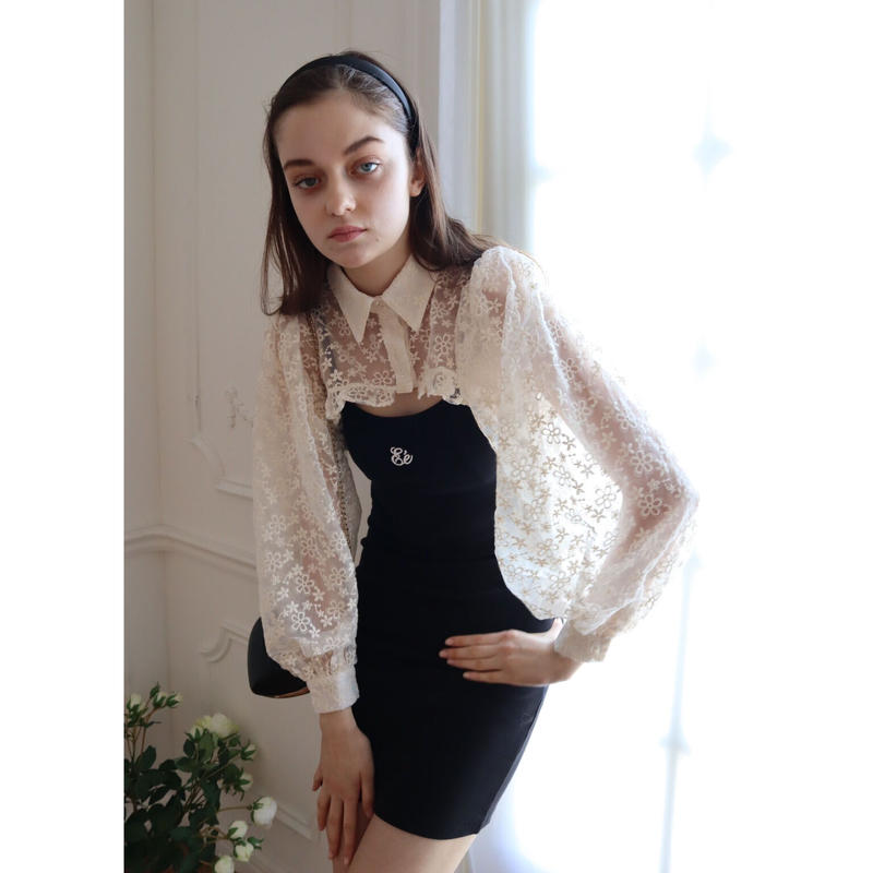 arm volume frill cropped blouse organdy flower ...