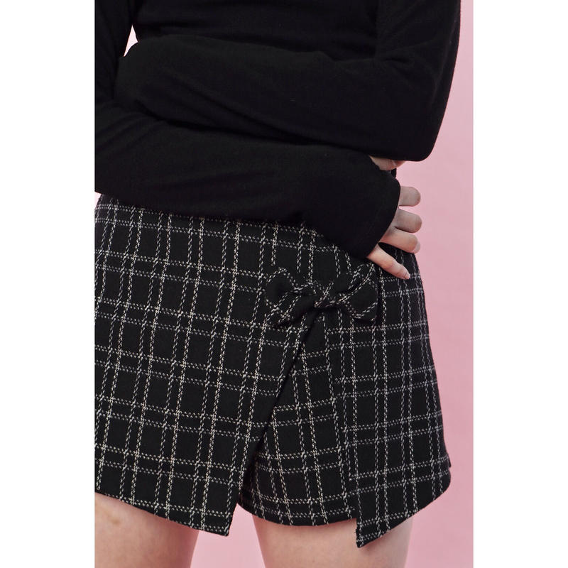 UNISEX S/M epine ribbon skirt pants tweed check - ミニスカート