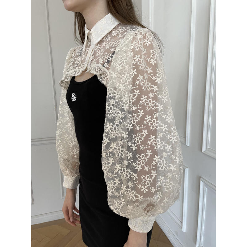 arm volume frill cropped blouse organdy flower ...