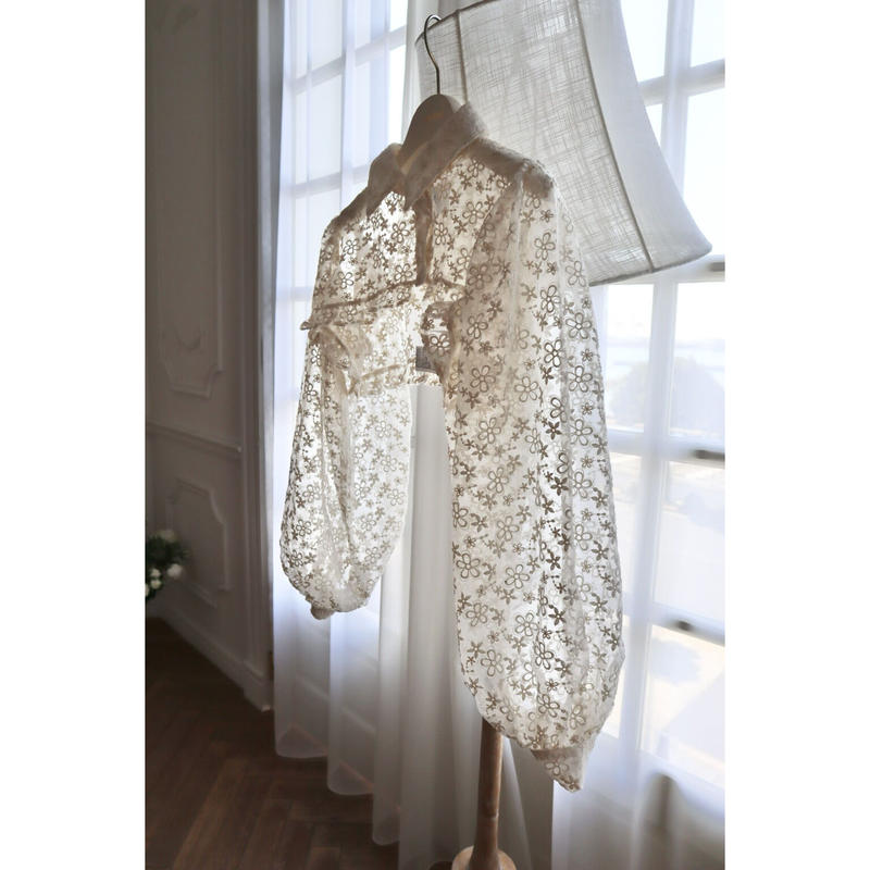 arm volume frill cropped blouse organdy flower ...