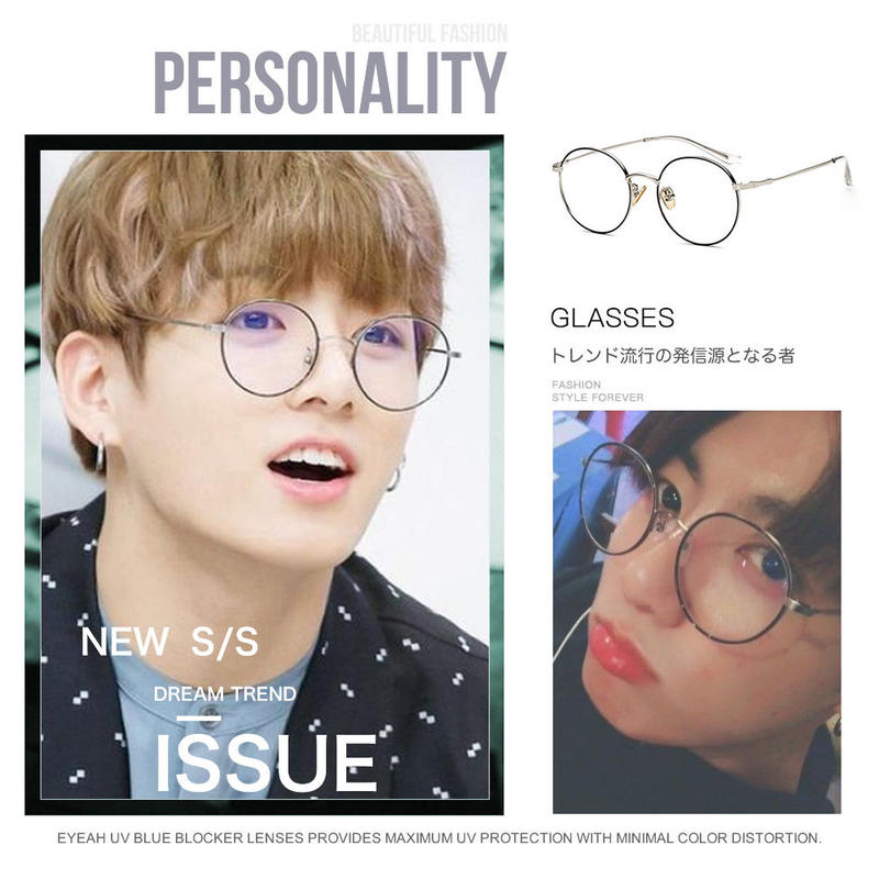 韓国人気bts ジョングク 着用同型 ブルーライトカットメガネ 韓国メガネ 丸めがね Ey