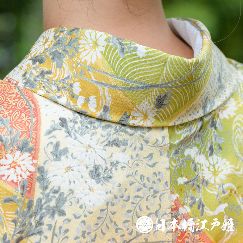 0496 小紋 Aランク美品 正絹 袷 鶯色 菊 切嵌 七宝 身丈156cm | 日本橋江戸姫 0496 小紋 Aランク美品 正絹 袷 鶯色 菊 切嵌 七宝 身丈156cm | 日本橋江戸姫