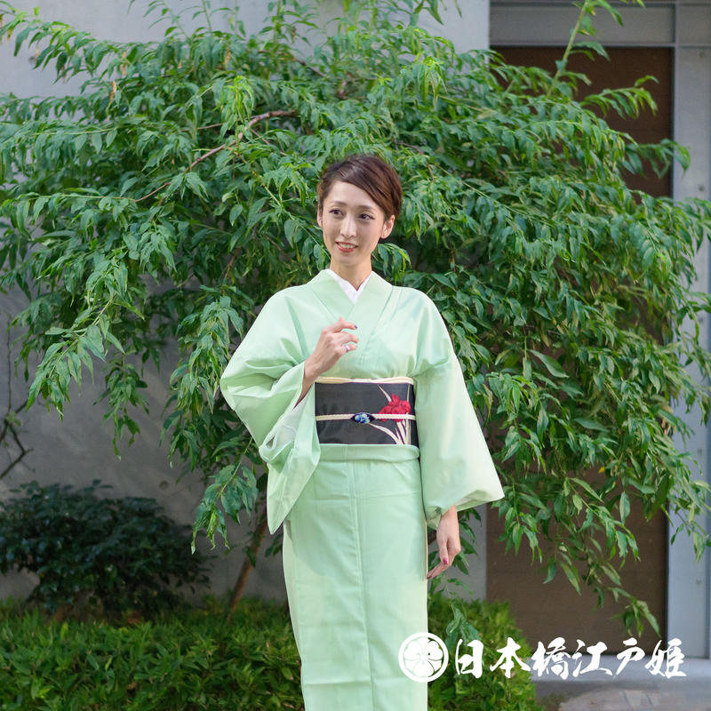 0280 夏物 色無地 薄物 絽 化繊 薄緑 身丈158cm 日本橋江戸姫