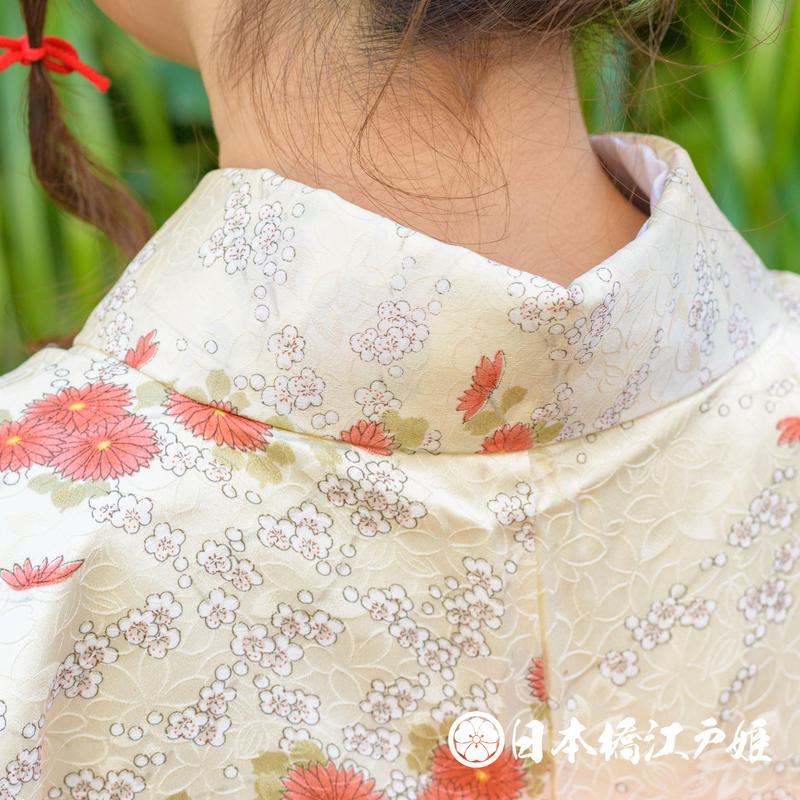 0367 小紋 Aランク美品 正絹 袷 クリーム色 枝梅 菊 身丈153cm