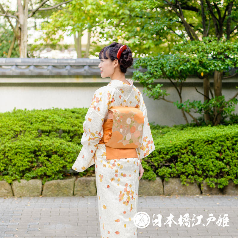 0336 名古屋帯 正絹 薄オレンジ 草花 菊 桔梗 お太鼓柄 帯丈353cm 日本橋江戸姫