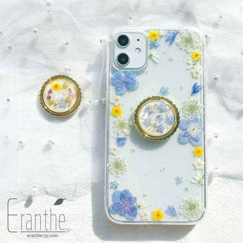 ハンドメイド 勿忘草とミモザとかすみ草の押し花 スマホリング