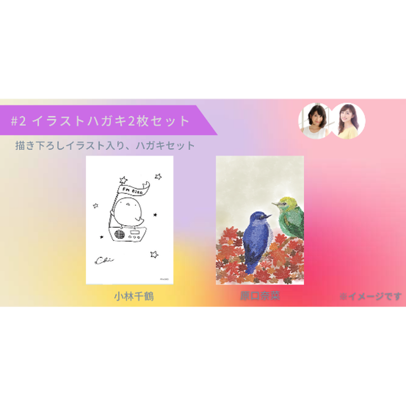 イラストハガキ2枚セット 描き下ろしイラスト 小林千鶴 原口奈菜 Fm Bird