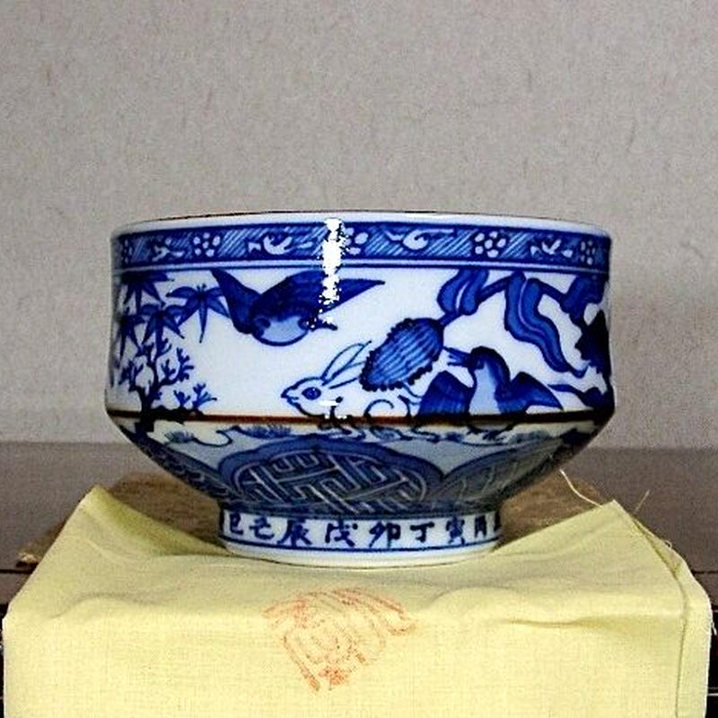 京焼・清水焼　大丸北峰作　高倉観崖画　田舎夏越の図　菓子器　共箱　古物。 京焼・清水焼 大丸北峰作 高倉観崖画 菓子器 共箱 古物。