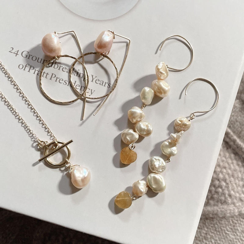 14kgf ベージュピンクパール ピアス ネックレスの3点セット Halolulu ハ