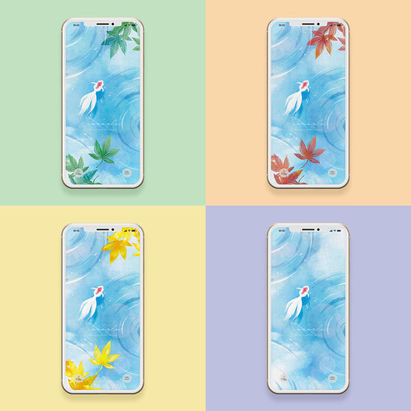縁起の良い金魚 金運アップの白い金魚と水面に浮かぶ紅葉のスマホ壁紙 おしゃれ待ち受け画面