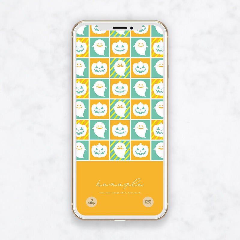 ハロウィンのオバケとカボチャ おしゃれなタイル風のデザインイラスト壁紙 おしゃれ待ち受け