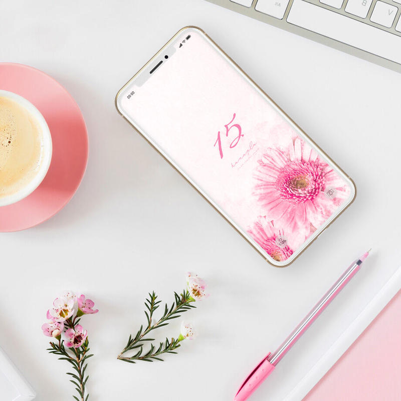 金運 人気者 縁起の良い数字 15 とピンクガーベラのスマホ壁紙 おしゃれ待ち受け画面の