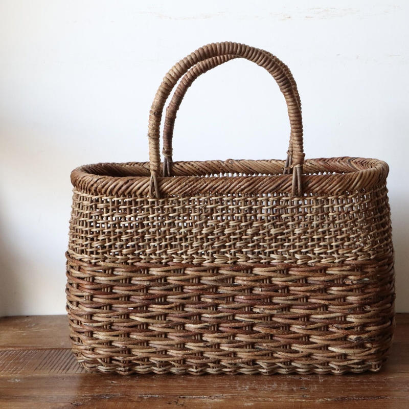 会津三島工芸　作家もの　あけび　みだれ編み　丸型　バスケット　民芸　籠 菅家工房 奥会津の丸い持ち手のあけびカゴ （みだれ編み）