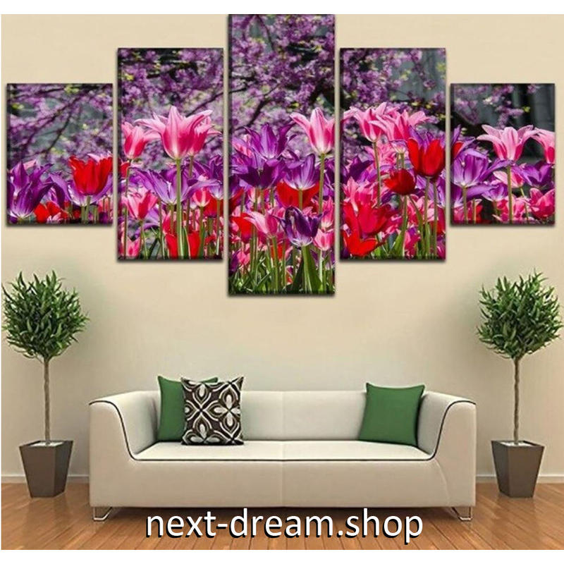 お洒落な壁掛けアートパネル ５点セット ピンク 紫 花 植物 自然景色 写真 絵画 ファブ