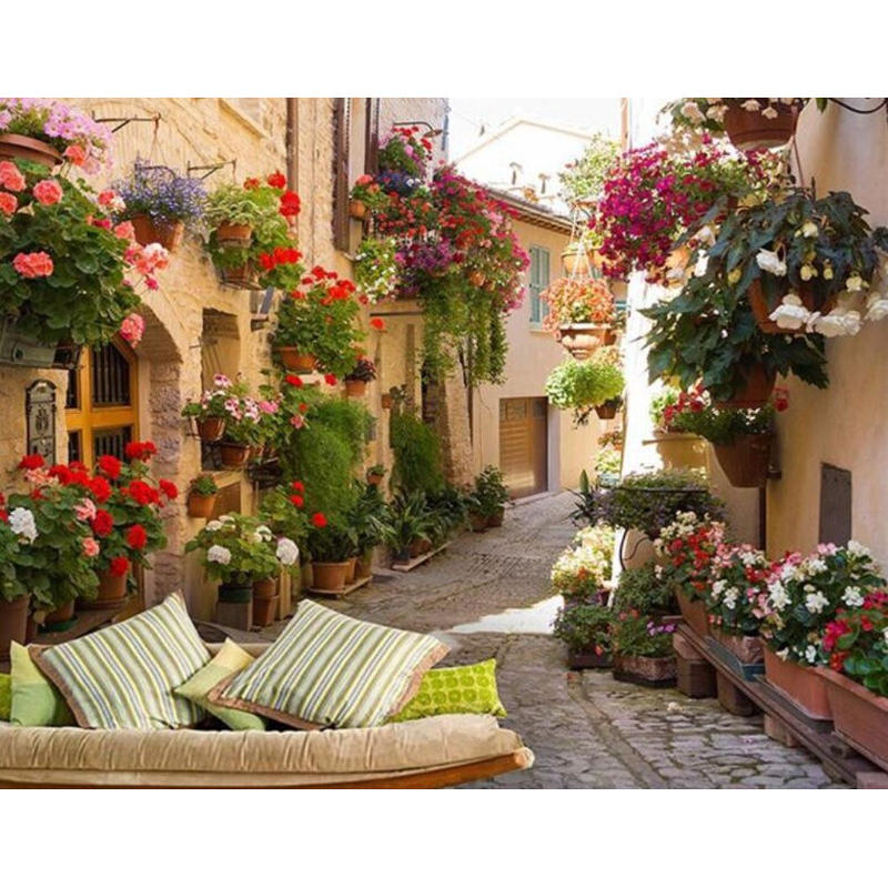 カスタム３d壁紙 1ピース 1m2 地中海風景 町 道 花 外国 石畳 キャンバス地 クロ