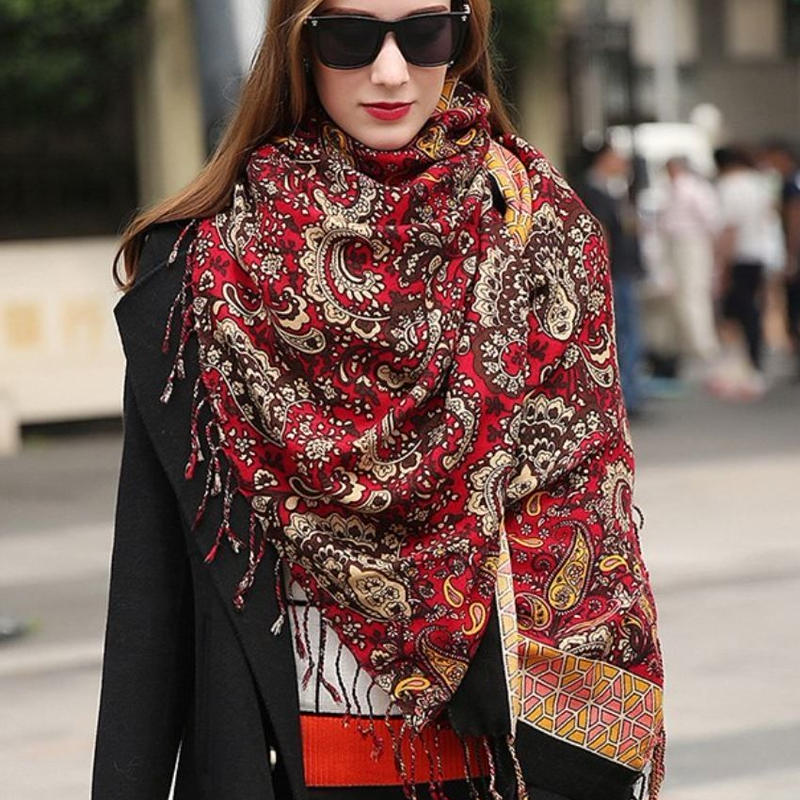 ストール マフラー スカーフ ウール100 赤 ペイズリー レディース 外人風コーデ ハイエ