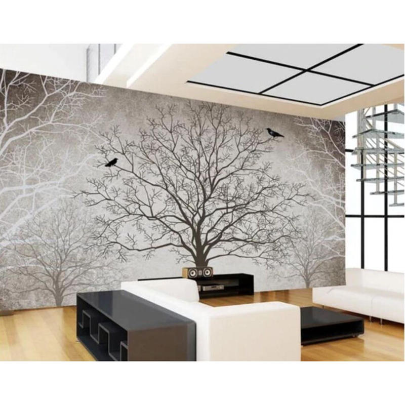カスタム３d壁紙 1ピース 1m2 枯れ木 鳥 グレー調 キャンバス地 レストラン クロス