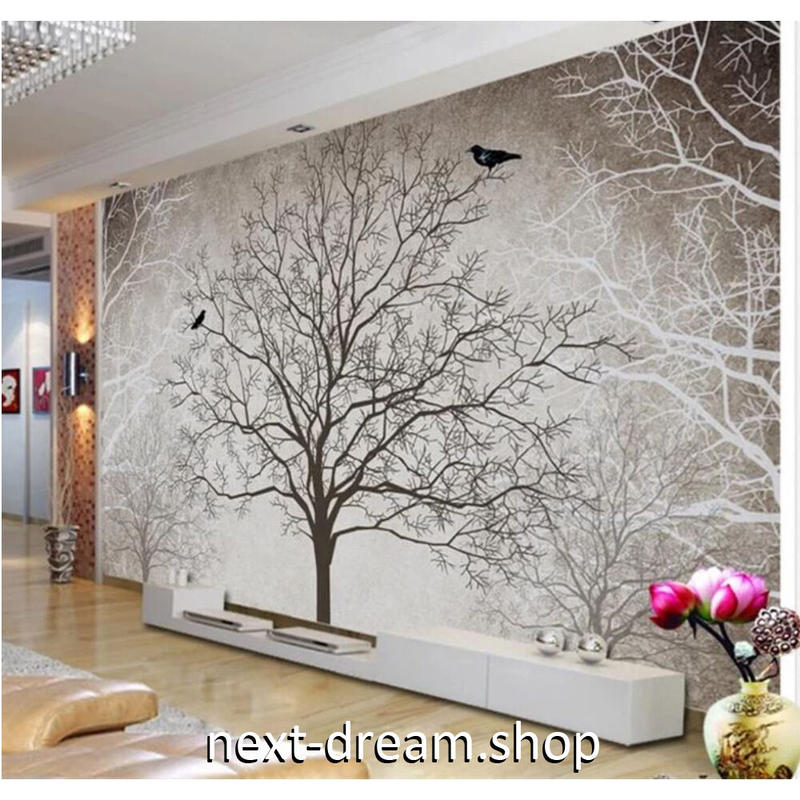 カスタム３d壁紙 1ピース 1m2 枯れ木 鳥 グレー調 キャンバス地 レストラン クロス