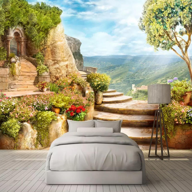 ３d 壁紙 1ピース 1 北欧レトロ 自然風景 高台の階段 インテリア 部屋装飾 耐水 防湿