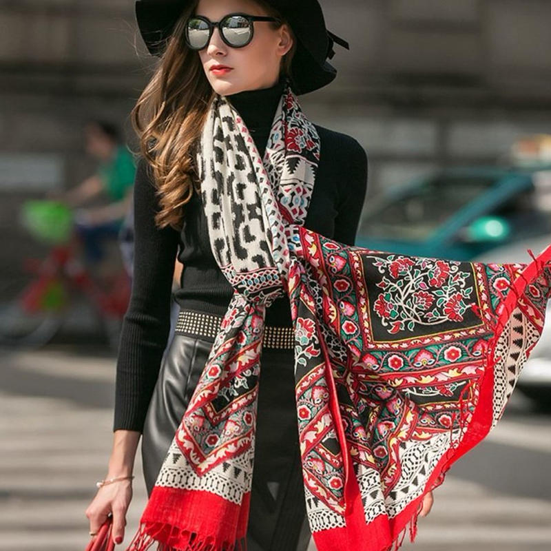 ストール マフラー スカーフ ウール100 赤 エスニック 花柄 レディース お洒落コーデ