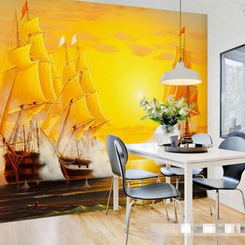 カスタム３d壁紙 1ピース 1 金の帆船 海 夕焼け キッズルーム リビング お店 クロ