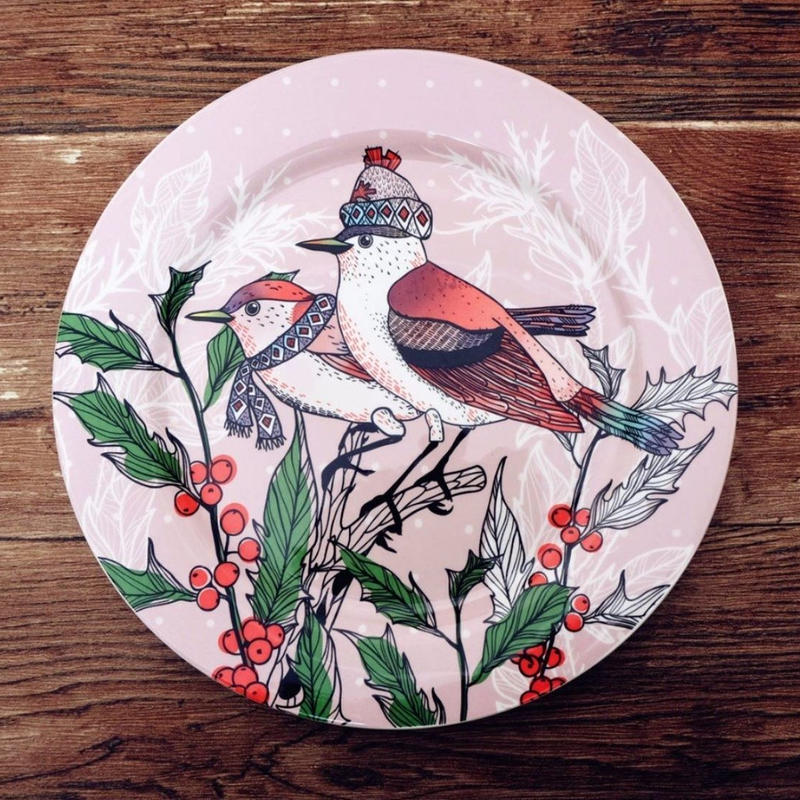 新品送料込 皿 セラミック 食器 ピンク クリスマス 鳥と花 北欧スタイル 高級 おしゃれ 0