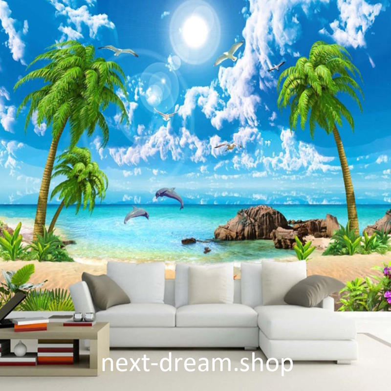 ３d 壁紙 1ピース 1 自然風景 青い海 ビーチ ヤシの木 イルカ インテリア 装飾 寝室