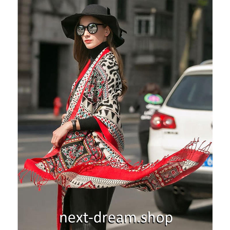 ストール マフラー スカーフ ウール100 赤 エスニック 花柄 レディース お洒落コーデ