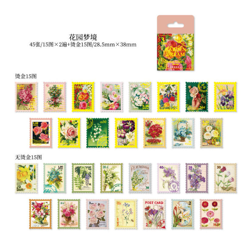 H10 箔押し 切手風フレークシール☆蝶々 薔薇 レトロアメリカン