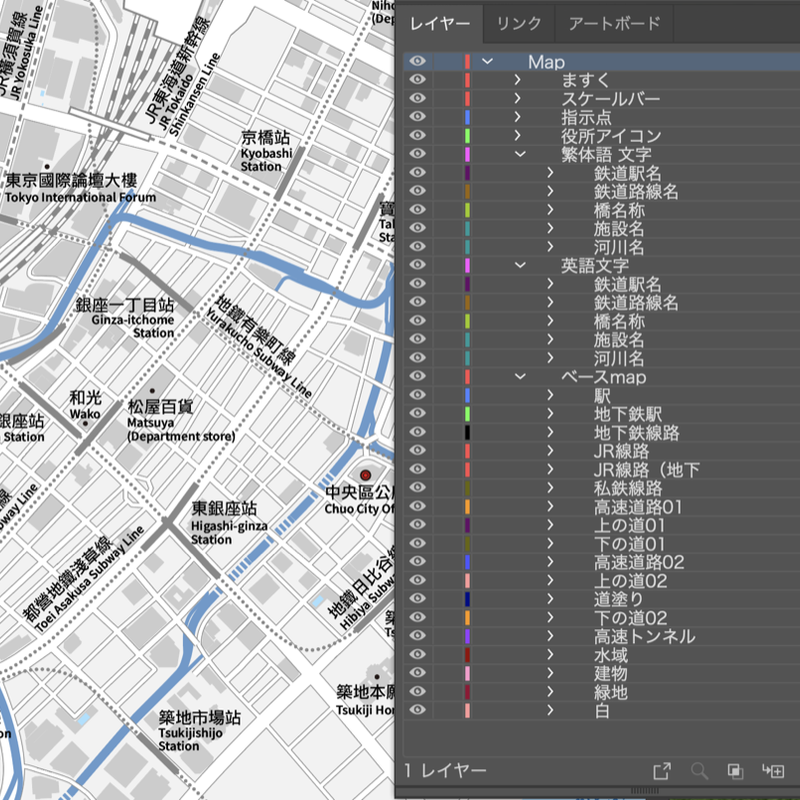 東京 東京駅 銀座 日本橋 ベクター地図データ Eps 中国語繁体字 英語 並記版
