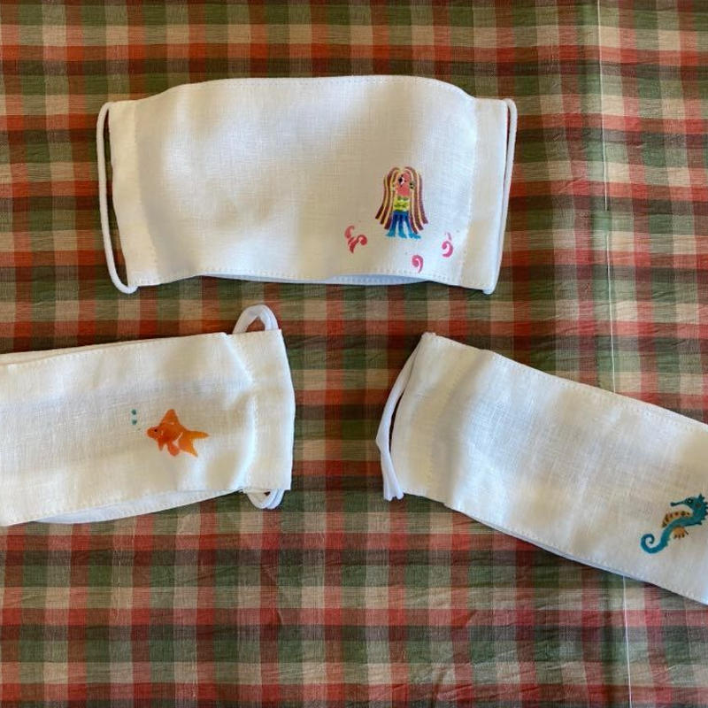 麻の立体マスク 型絵染入り アマビエ 金魚 タツノオトシゴ 横浜元町 ふだん着物 じざいや