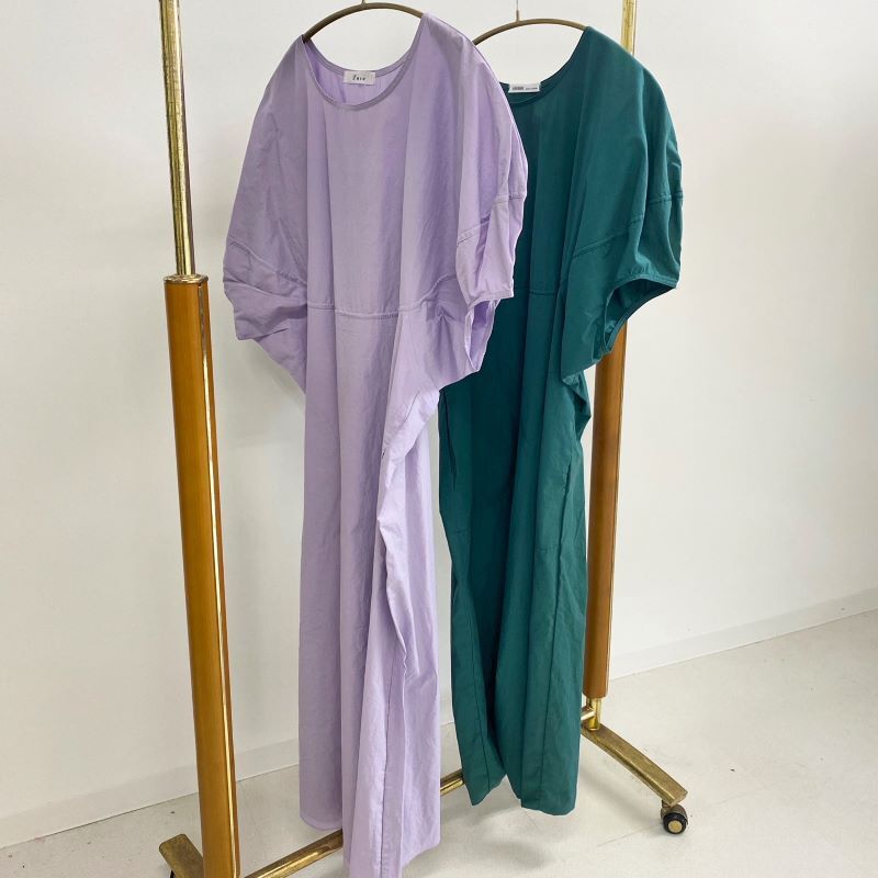 コットンパフスリーブワンピース Green Purple Pink Glow