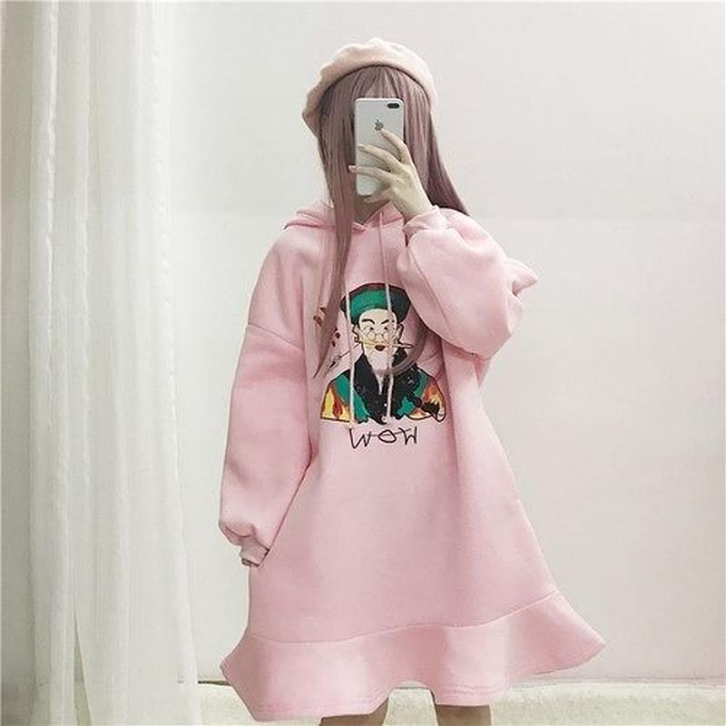 裏起毛ワンピース ゆったり 英語 裏起毛 フード付き カジュアル シンプル 全3色 黒 のコ