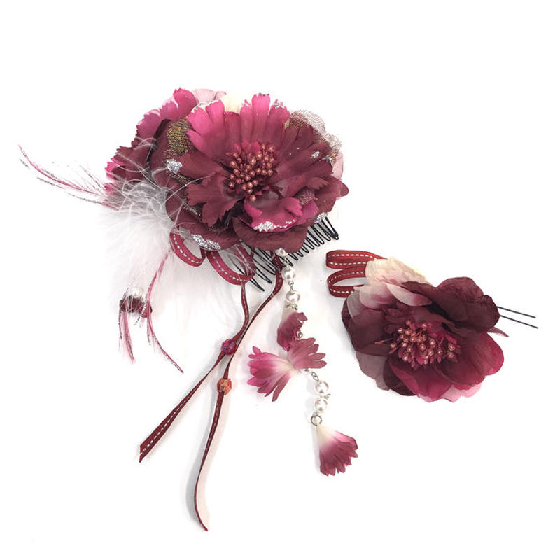 髪飾り 成人式 2点セット おしゃれ フラワー ワインレッド 水鳥 羽 フェザー 蝶 振袖 袴