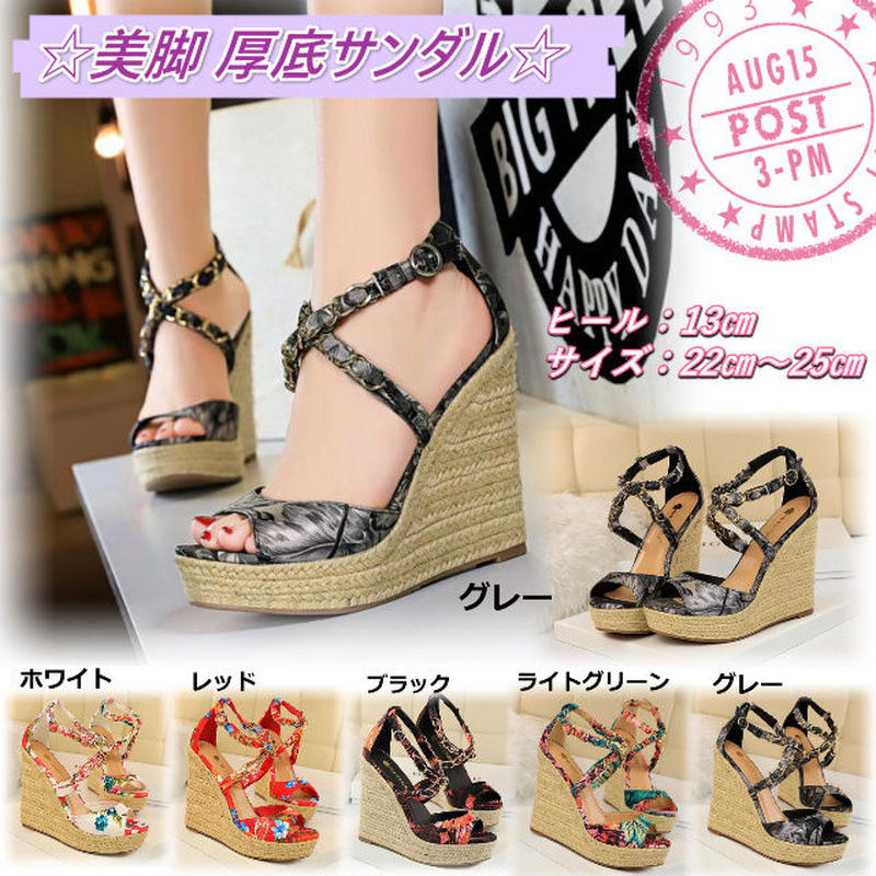 新作 厚底 サンダル ハイヒール 花柄 プリント ストラップ ヒール高め 大きいサイズ ライト