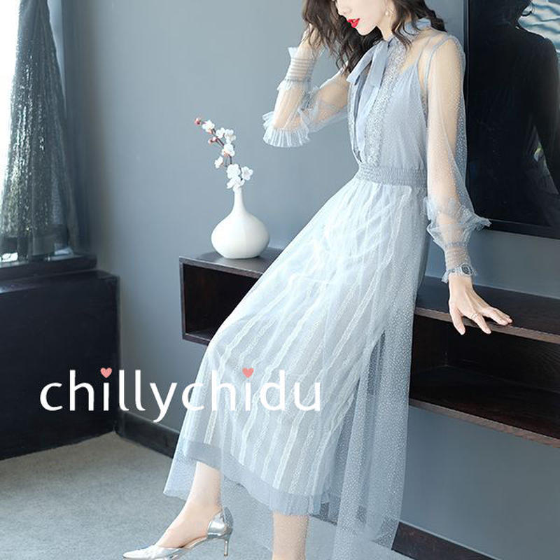 ワンピース ロング丈 透け感 清楚 リボン 長袖 水色 Chillychidu