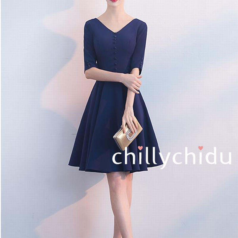 ワンピース ミニ丈 フレア Vネック 五分袖 シンプル 青 Chillychidu