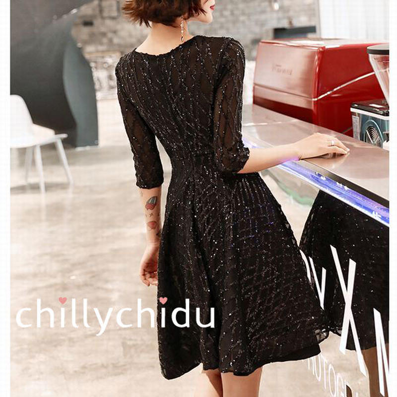 ワンピース ミニ丈 スパンコール キラキラ フレア 黒 Chillychidu ワンピース ミニ丈 スパンコール キラキラ フレア 黒 Chillychidu