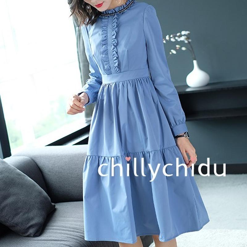 ワンピース フリル ひざ丈 長袖 フレア スタンドカラー 水色 Chillychidu