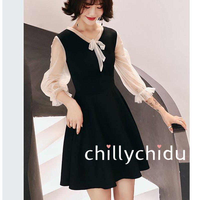 ワンピース ミニ丈 Aライン アンブレラスリーブ フレア 黒 Chillychidu