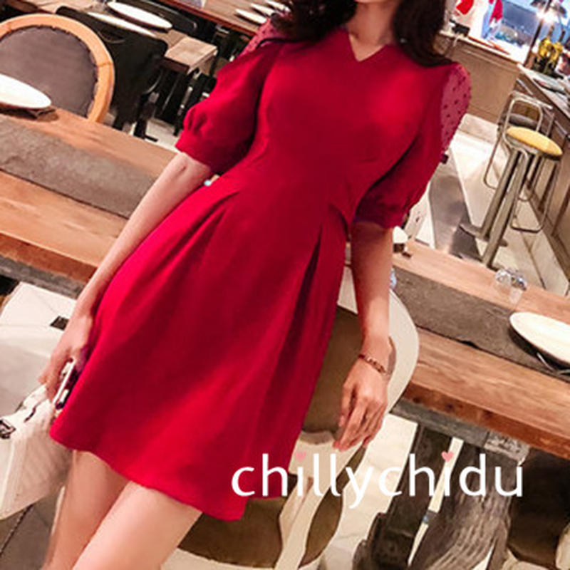 ワンピース ドレス Vネック フレア メッシュ切替 リボン 水玉 赤 Chillychidu