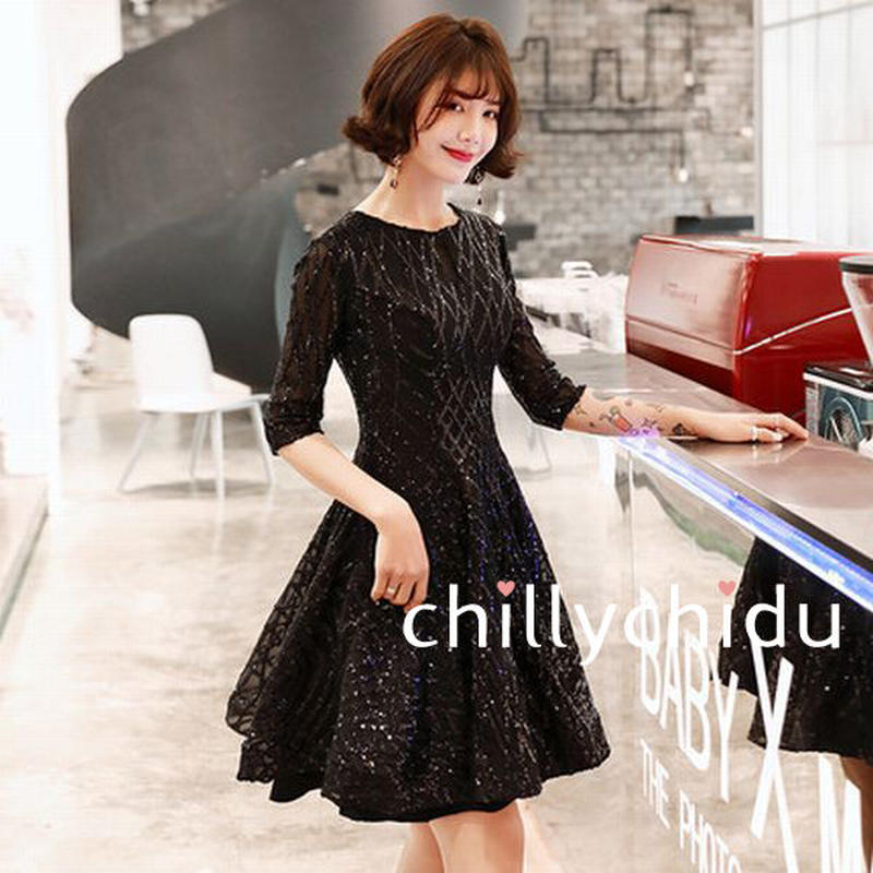 ワンピース ミニ丈 スパンコール キラキラ フレア 黒 Chillychidu