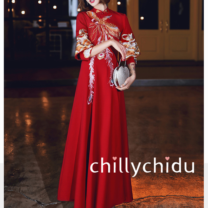 チャイナドレス風ワンピ ロング丈 刺繍 フレア ボルドー Chillychidu